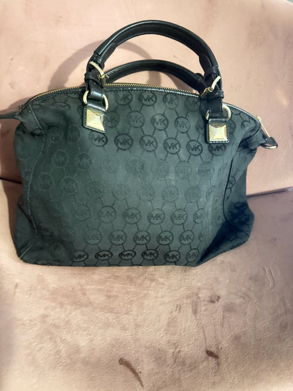 Michael Kors Black MK Monogram Satchel with Gold-Tone Accents